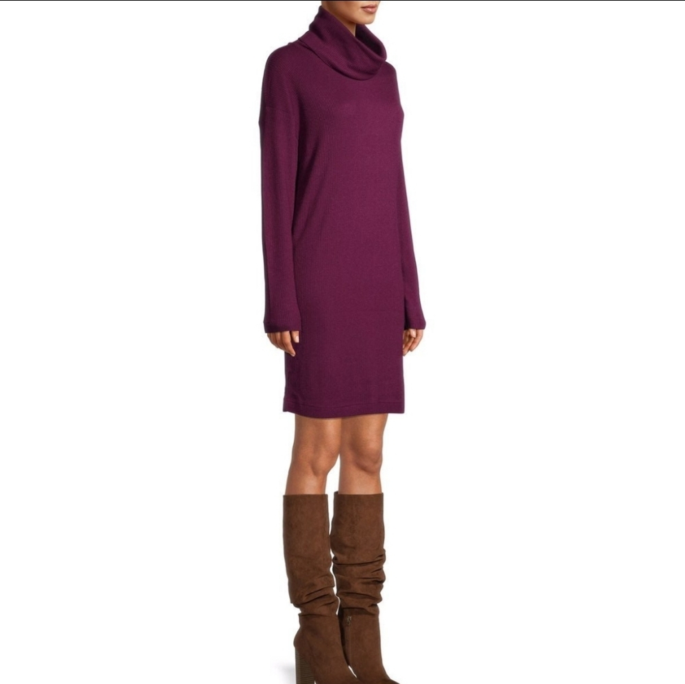 New Time and Tru Wine Color Ribbed Cowl Neck Sweater Dress Size Medium